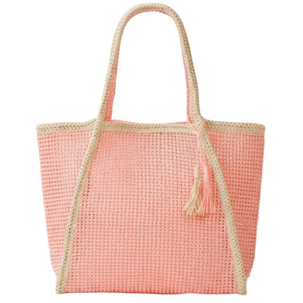 Two Tone Woven Straw Tote Bag: BK