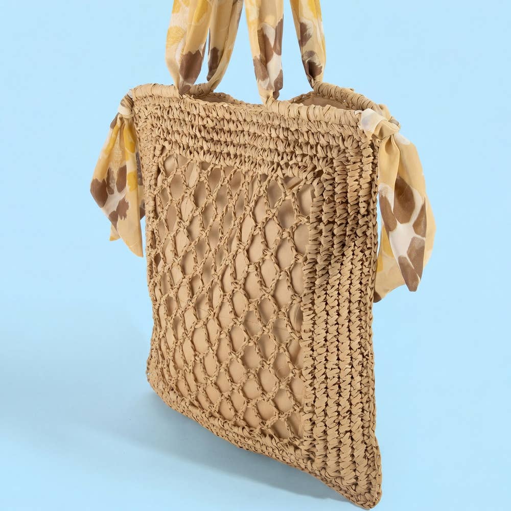 Floral Scarf Handle Open Weave Straw Tote Bag: KA