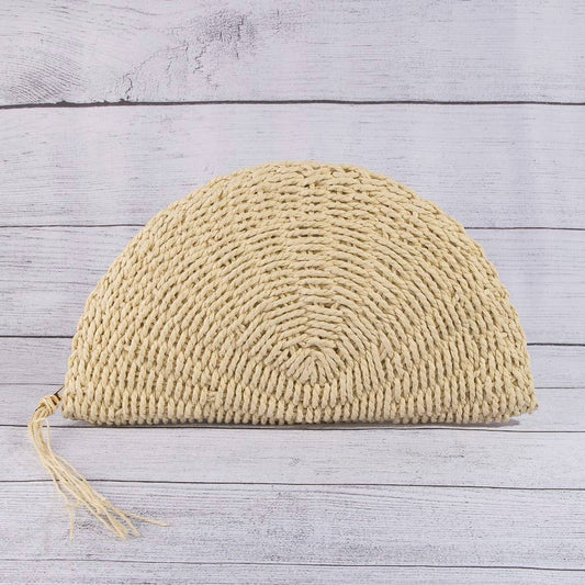 Straw Woven Half Moon Clutch Bag: BEI