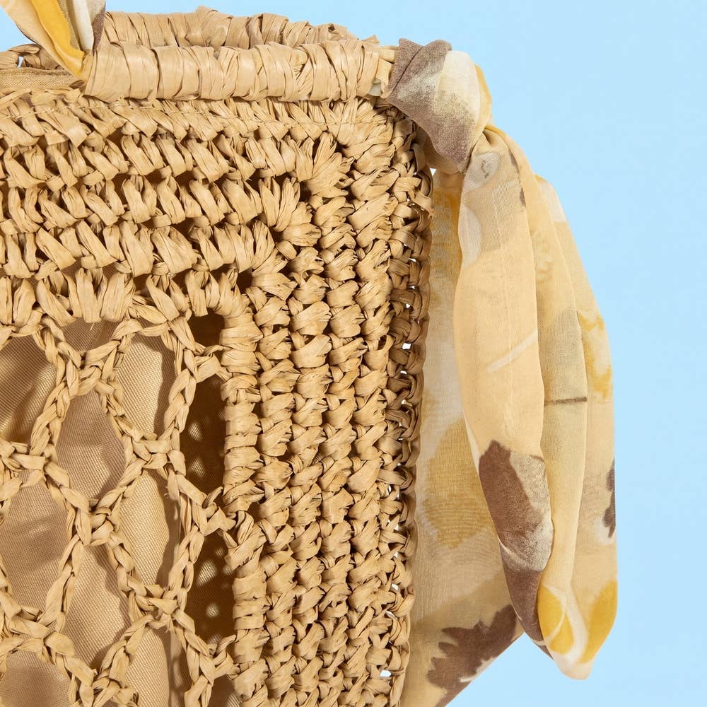 Floral Scarf Handle Open Weave Straw Tote Bag: IV
