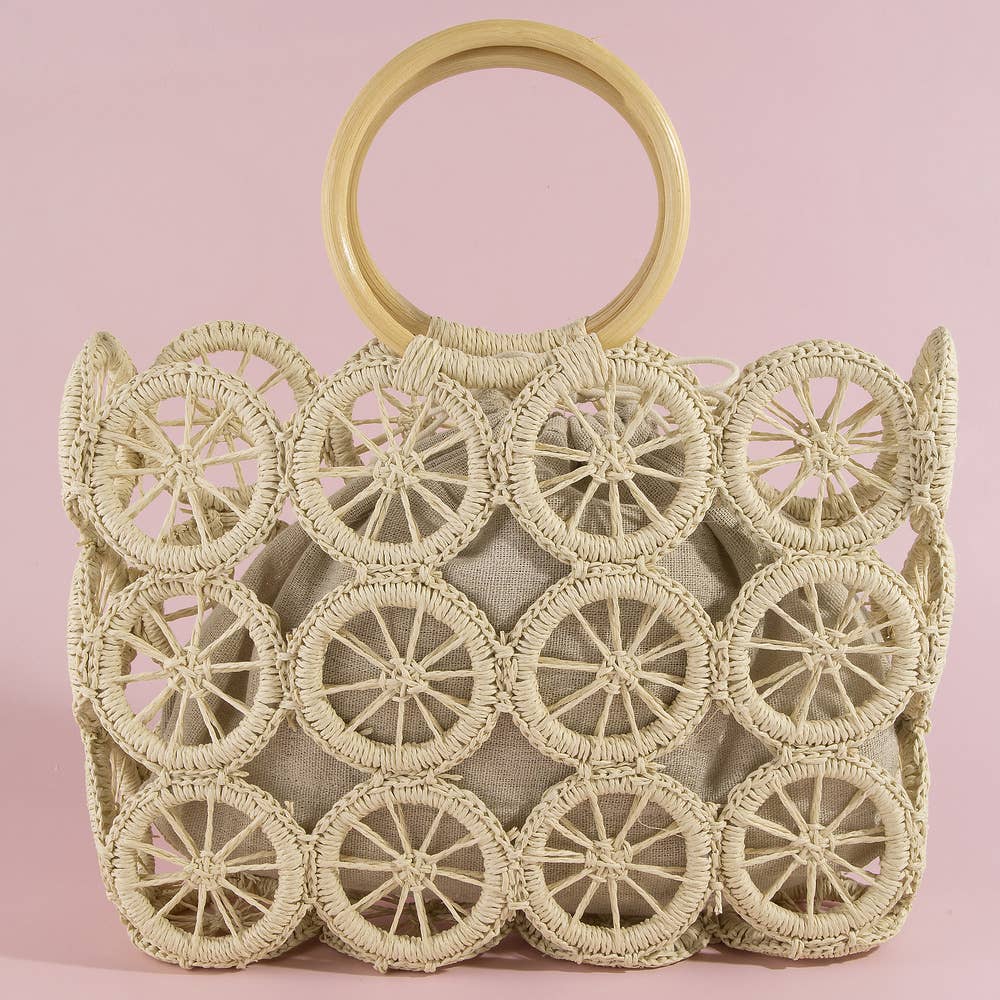 Open Circle Weave Straw Tote Bag With Wood Handle: IV