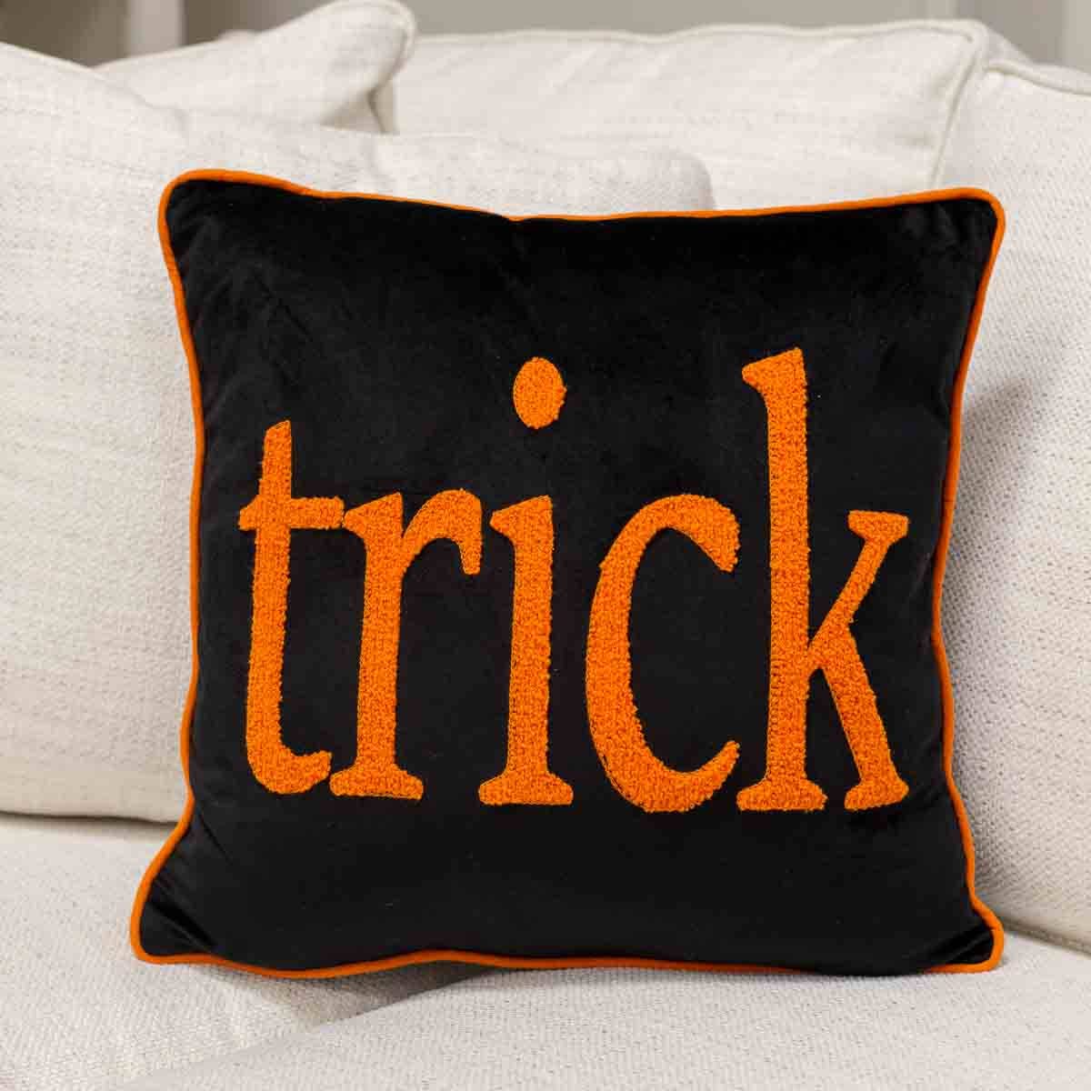 Trick or Treat Double Sided Pillow   Black/Orange/White   16x16