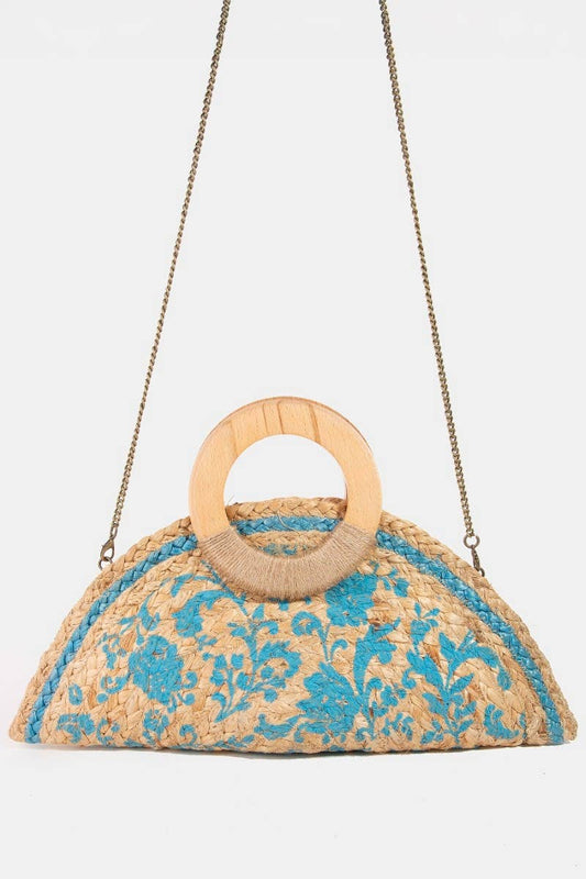 Filigree Floral Print Jute Round Hand Bag: TUR