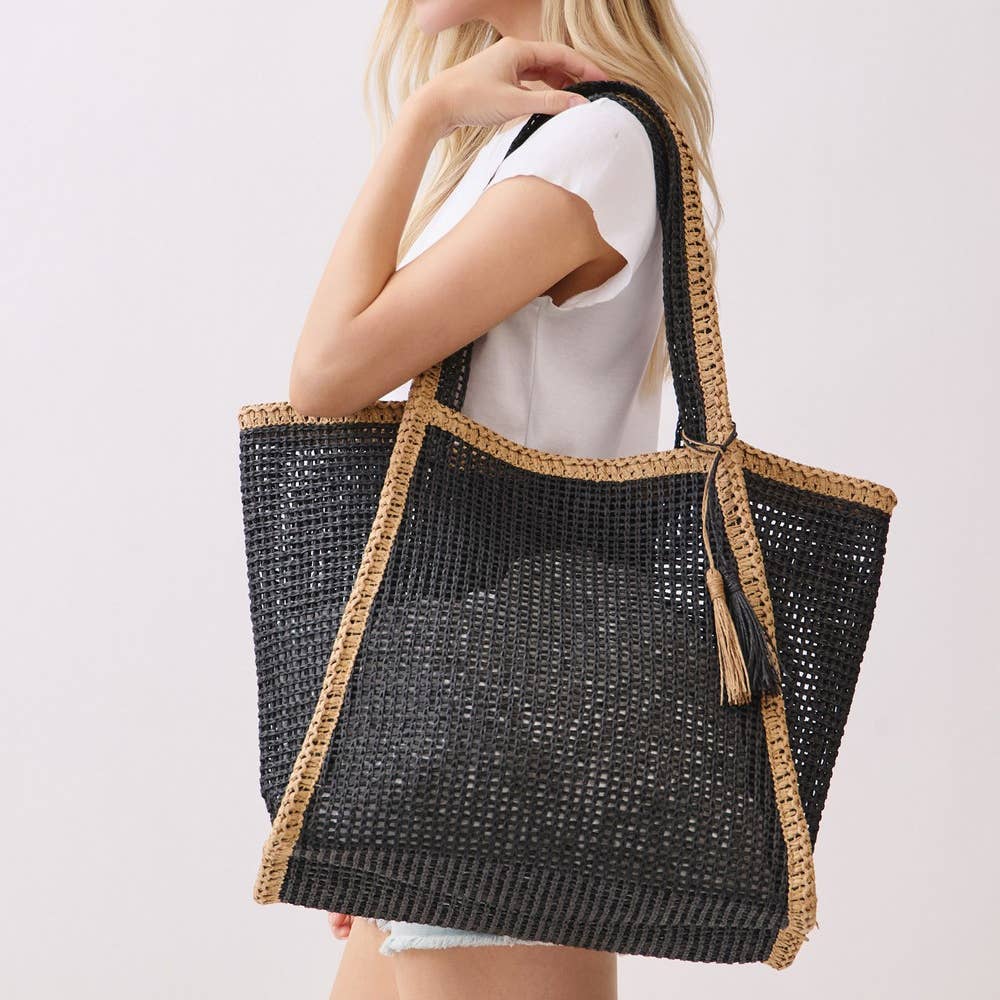 Two Tone Woven Straw Tote Bag: MT