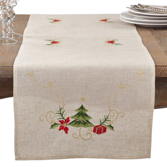 Embroidered Christmas Runner: Natural / 16"x90"