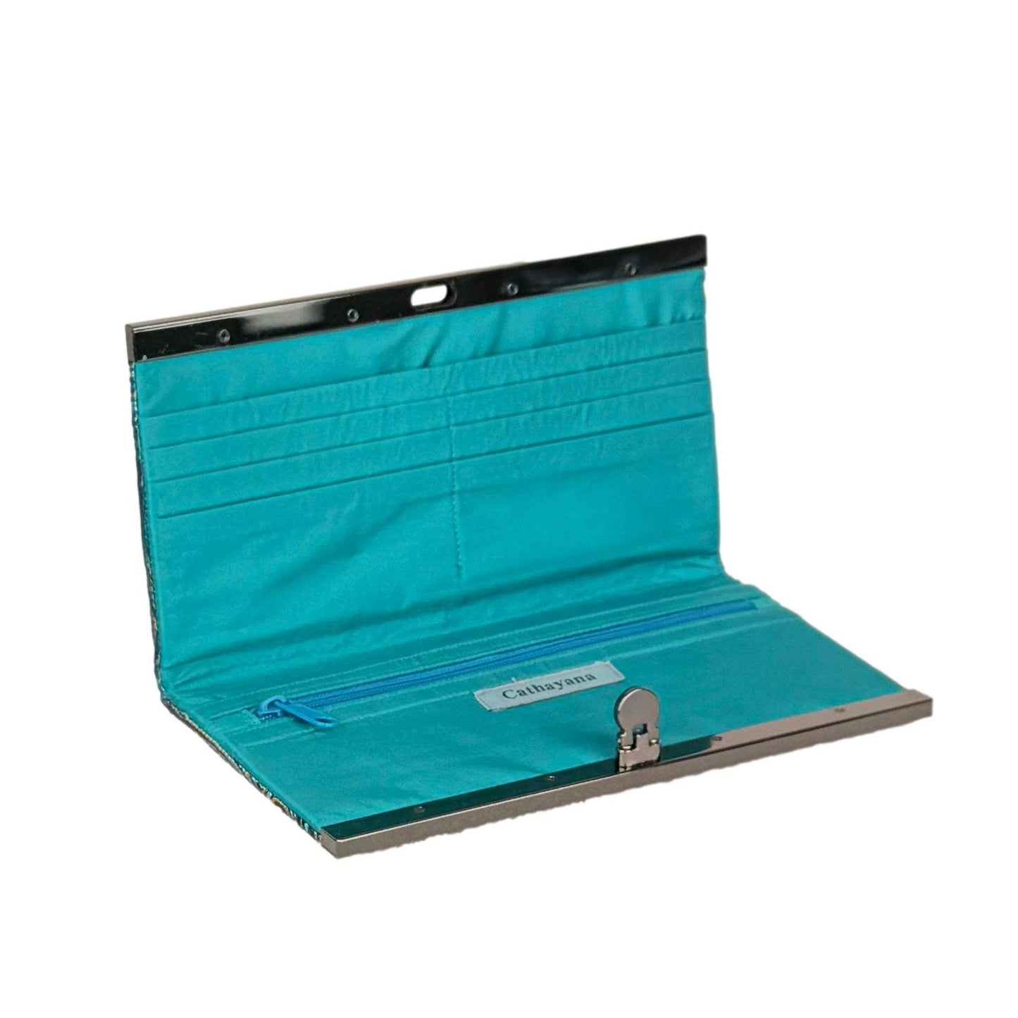 Peacock Brocade Wallet – Bi-Fold Clutch with Clasp: Gray & Gold