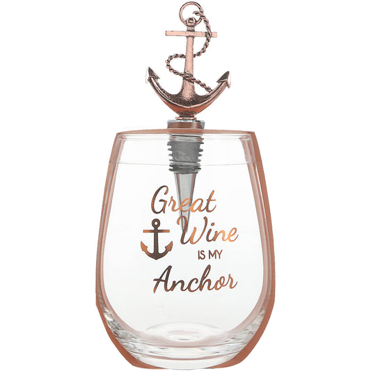 Anchor - Bottle Stopper and 20 oz Stemless Gift Set