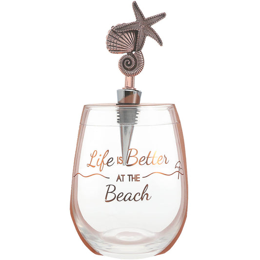 Beach - Bottle Stopper and 20 oz Stemless Gift Set