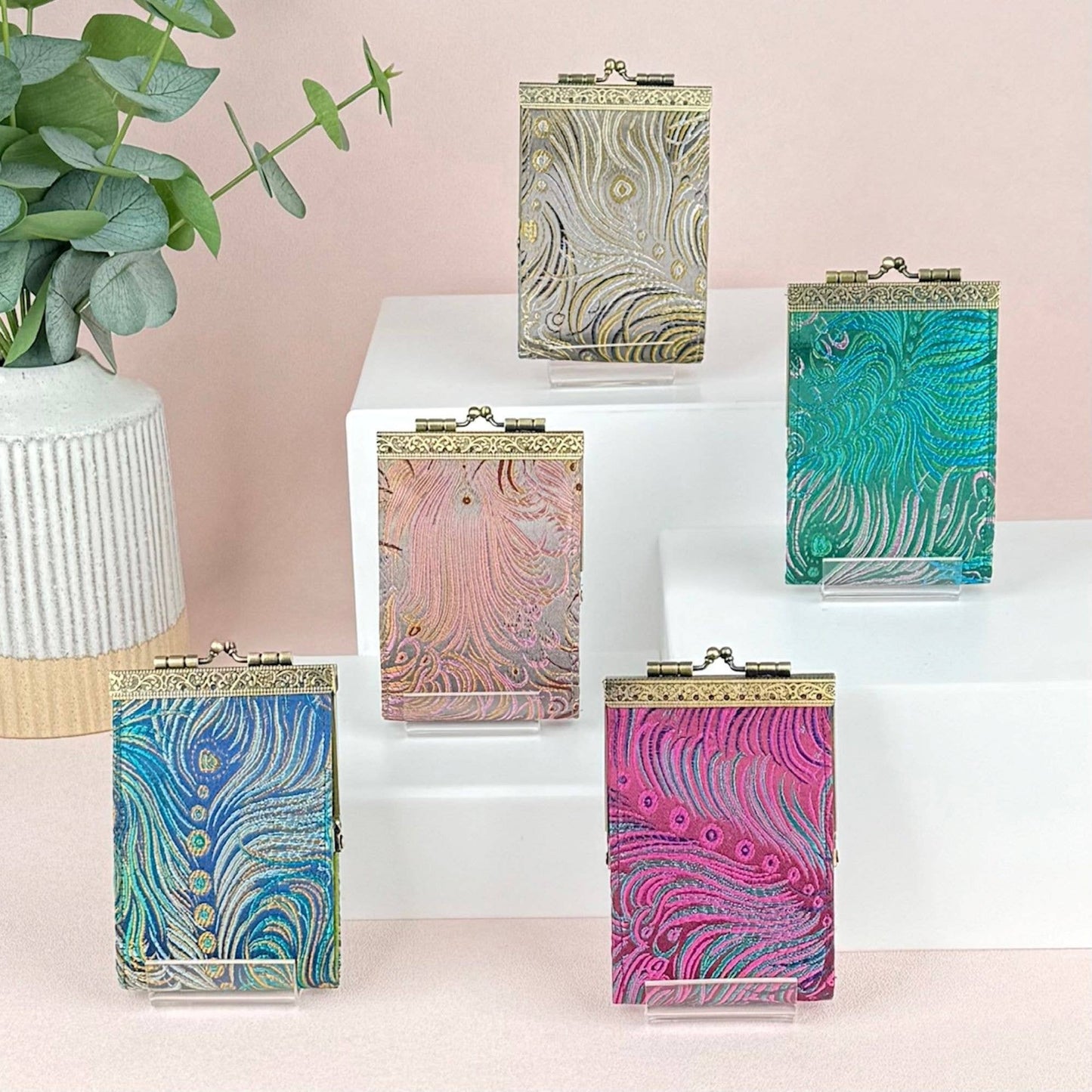 Peacock Brocade RFID Card Holder / Wallet: Gray & Pink