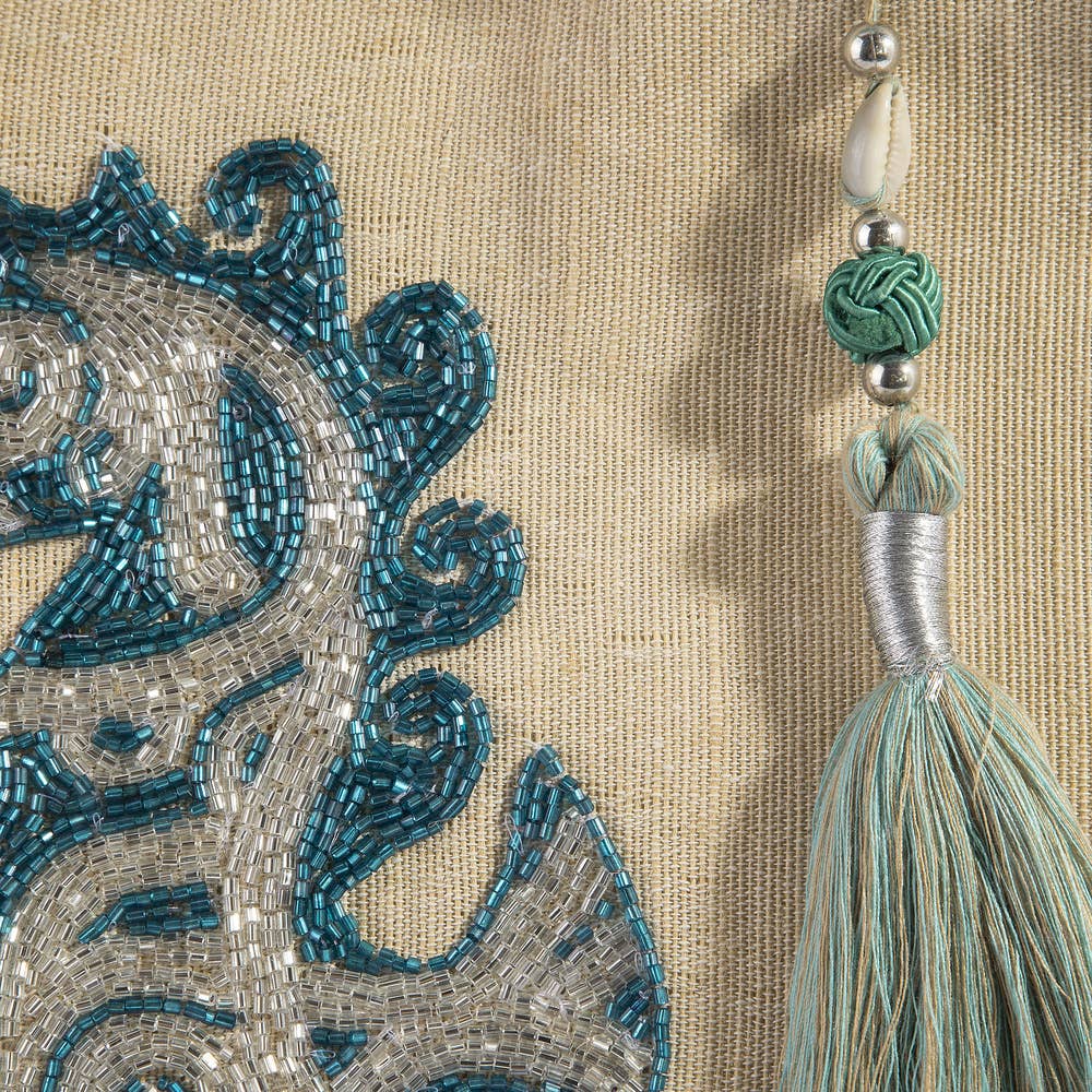 Seahorse Embroidered Jute Fringe Panel Tote Bag: MULTI