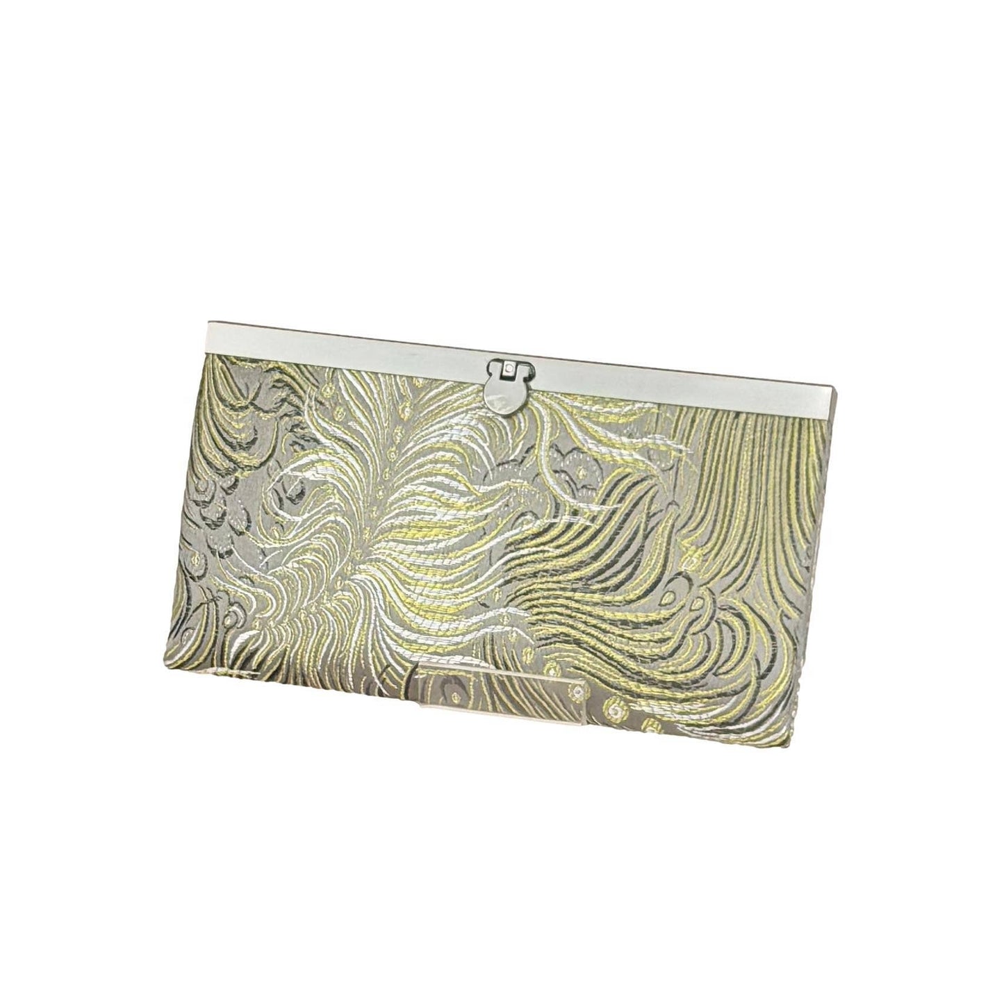 Peacock Brocade Wallet – Bi-Fold Clutch with Clasp: Gray & Gold