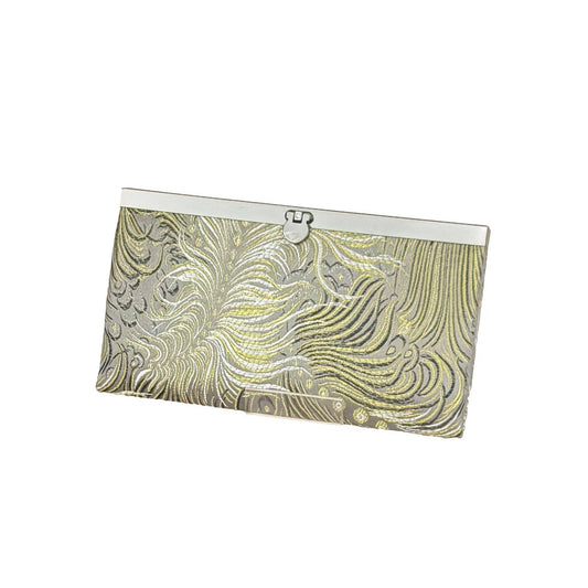 Peacock Brocade Wallet Gray & Gold Bi-Fold Clutch with Clasp