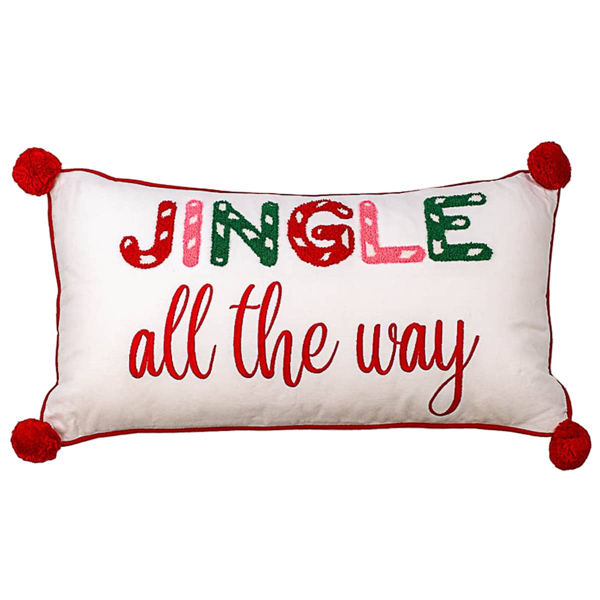 Jingle All The Way Lumbar Pillow   Soft White/Red   24x13