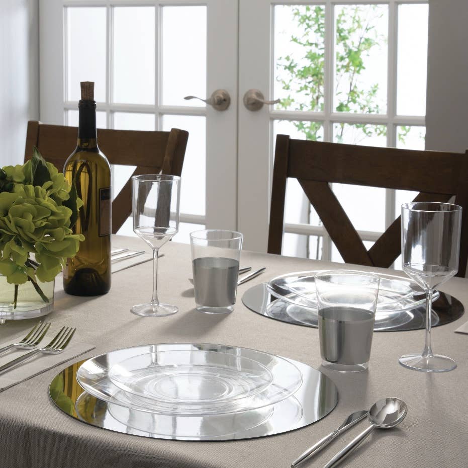 Clear • Silver Round Plastic Plates | 10 Pack: 10 Plastic Plates / 10.25" Dinner Plates