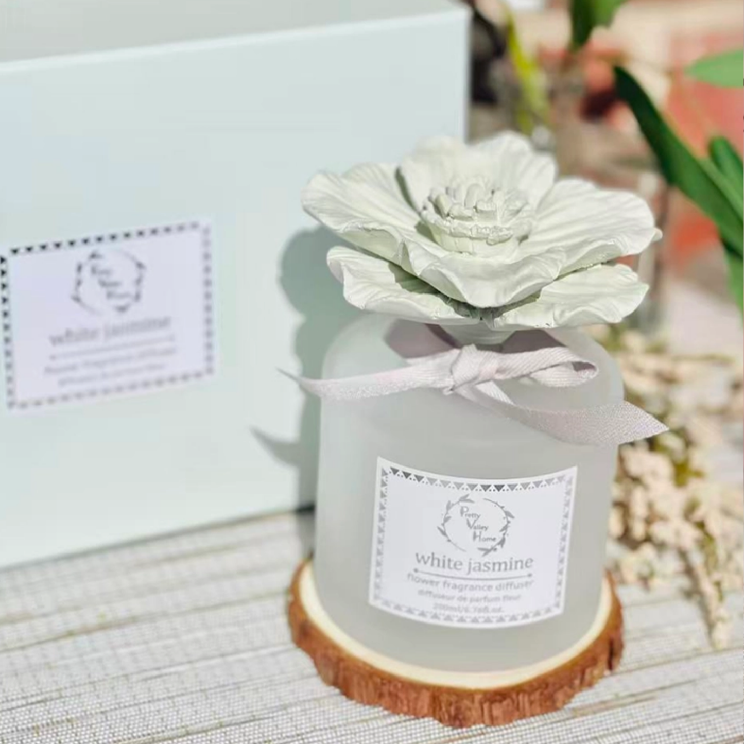 Green - Diffuser Sets Gifts Ceramic Flower (2025)-Pretty Valley Home: White Jasmine-Green
