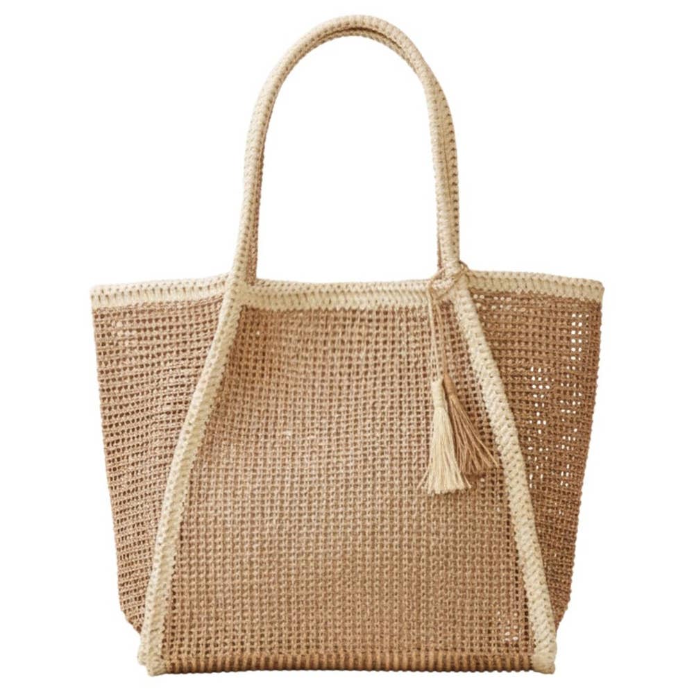 Two Tone Woven Straw Tote Bag: MT