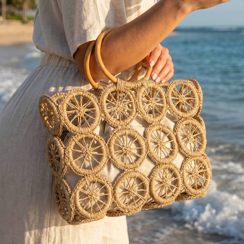 Open Circle Weave Straw Tote Bag With Wood Handle: IV