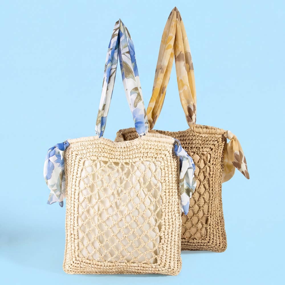 Floral Scarf Handle Open Weave Straw Tote Bag: IV
