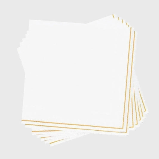 White with Gold Stripe Paper Cocktail Napkins | 20 Napkins: 20 Beverage Napkins - 5" x 5"